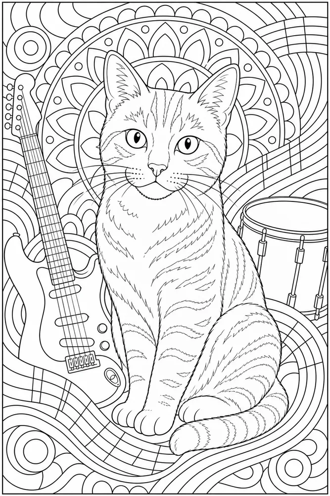 Adult cat with music-inspired mandala patterns coloring page