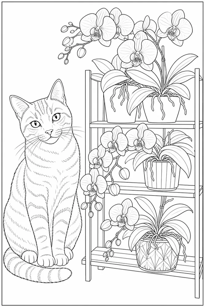 Adult cat beside orchid shelf coloring page