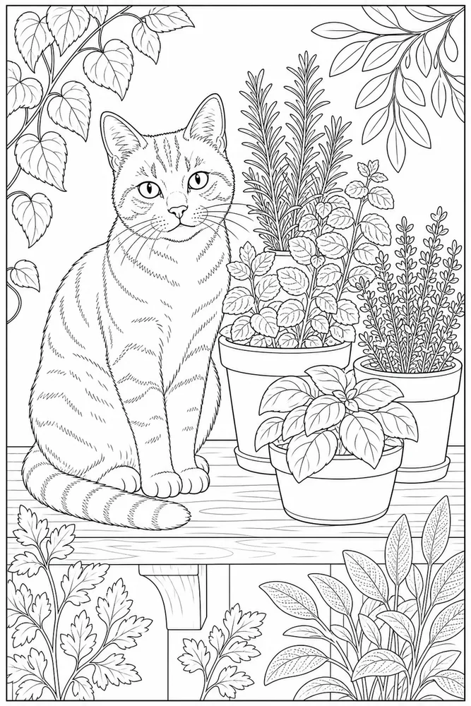 Adult cat beside potted herbs coloring page