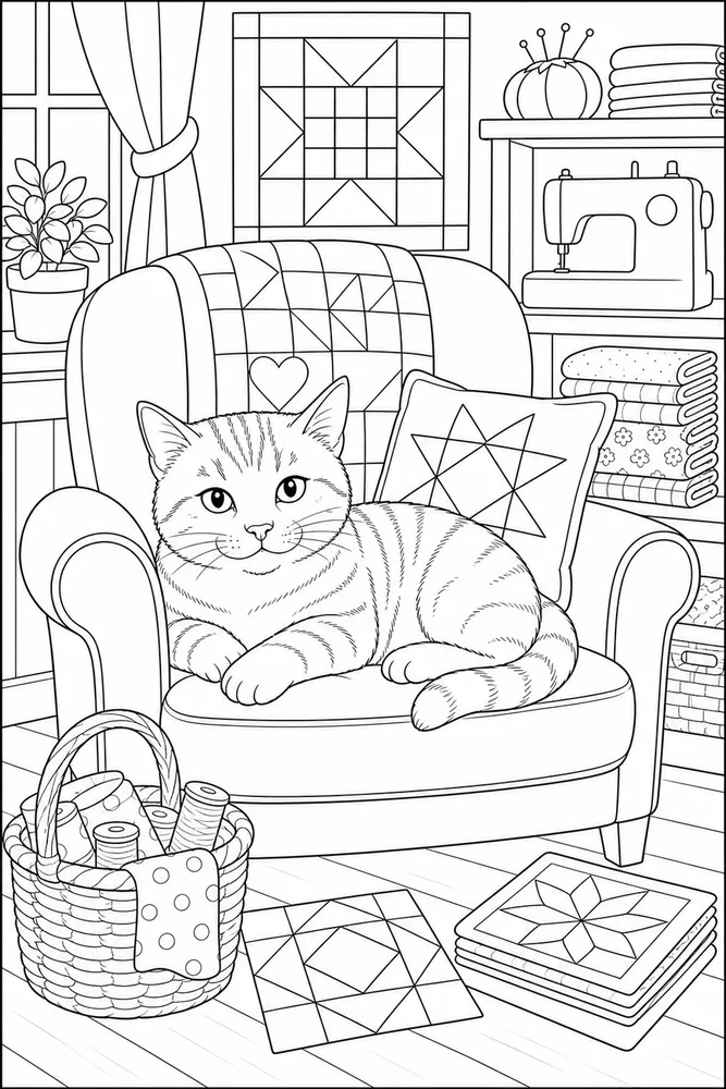 Adult cat on a quilt-pattern chair coloring page