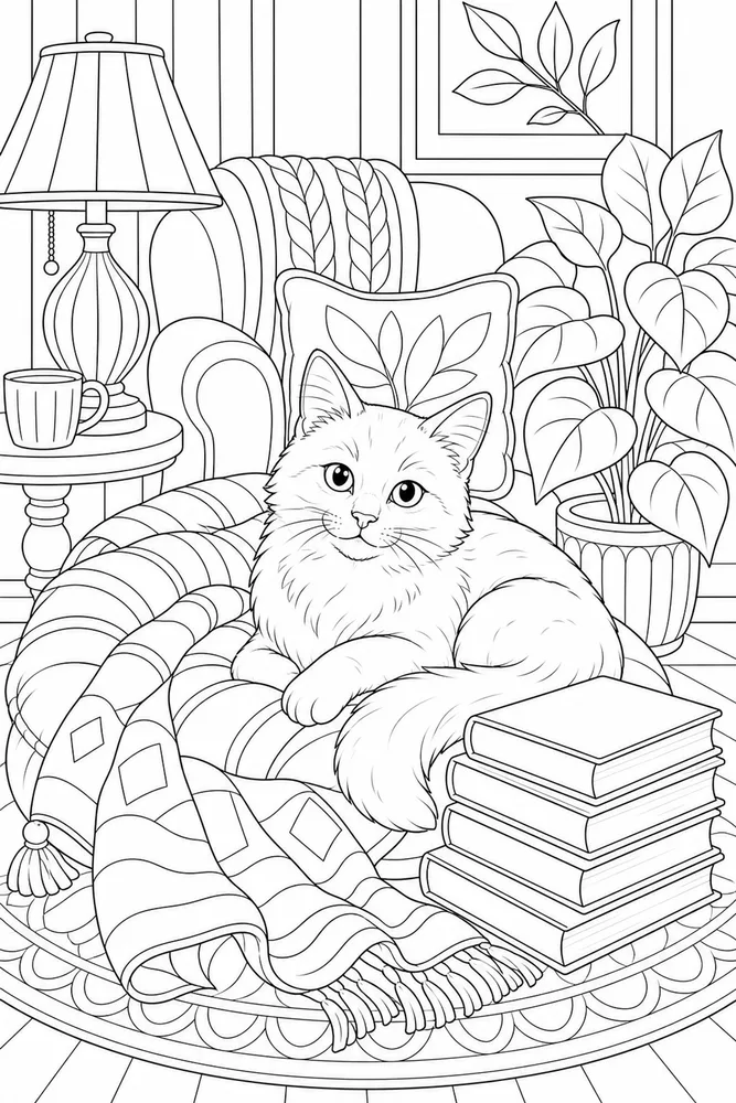 Adult cat in a patterned reading nook coloring page