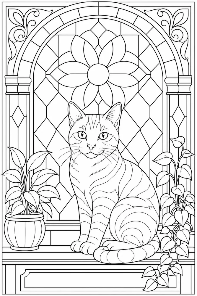 Adult cat in front of stained glass window coloring page