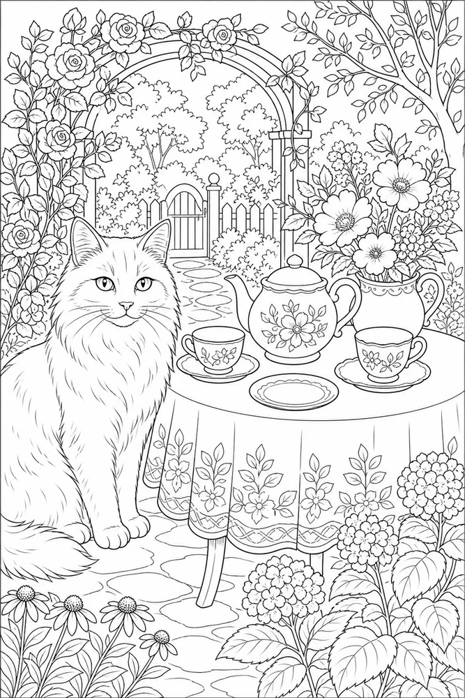 Adult cat in tea garden coloring page