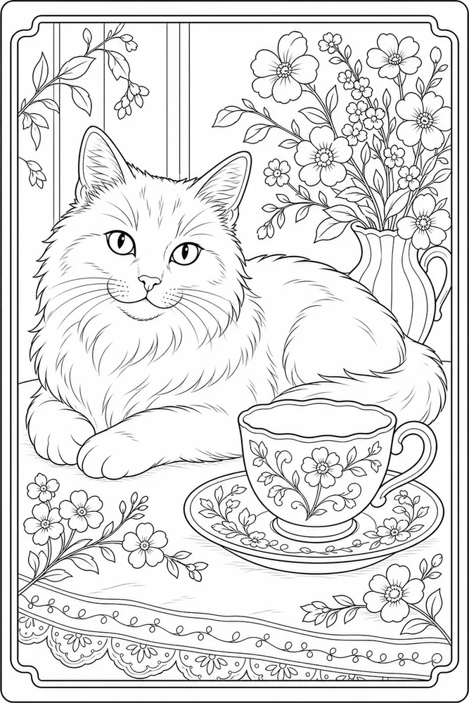 Adult cat beside a patterned teacup coloring page