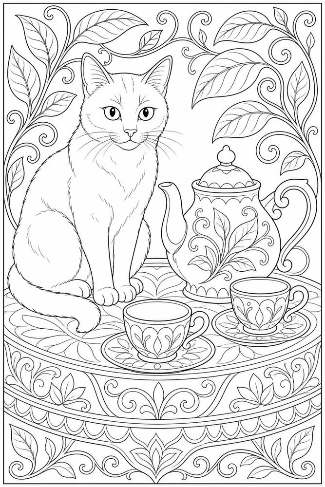 Adult cat beside a teapot with vines coloring page