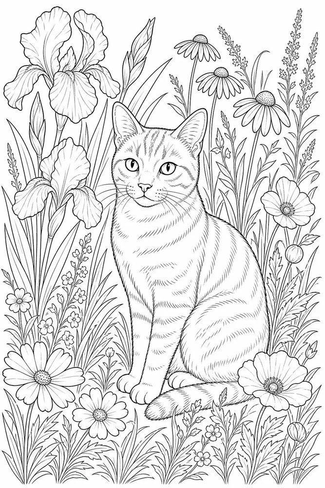 Adult cat in wildflower meadow coloring page