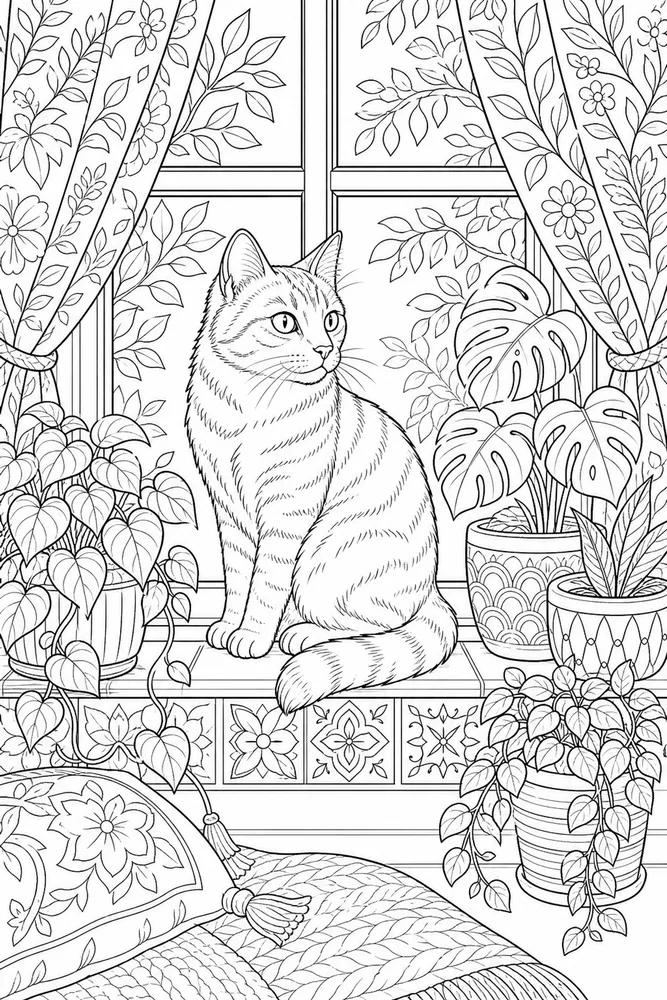 Adult cat by a window with plants coloring page