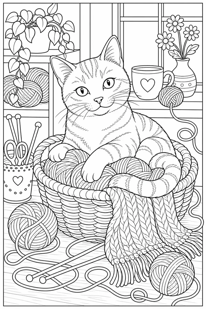 Adult cat with yarn and knitted patterns coloring page