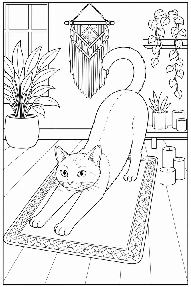 Adult cat stretching on a yoga mat with plants coloring page