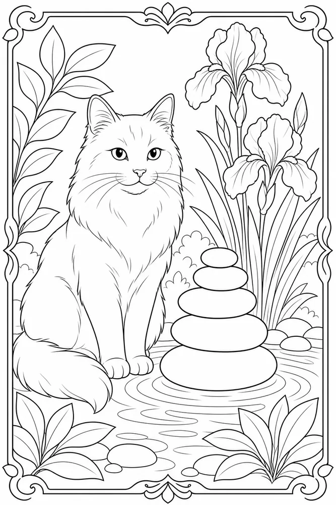 Adult cat beside zen stones coloring page