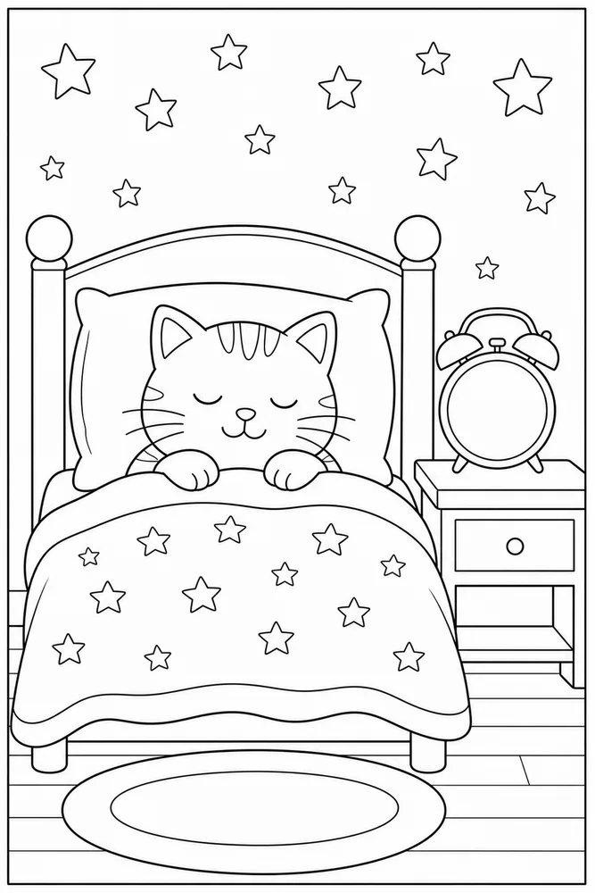 Cat tucked under a blanket beside a blank alarm clock coloring page