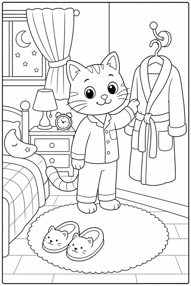 Bedtime cat beside a bathrobe hook coloring page