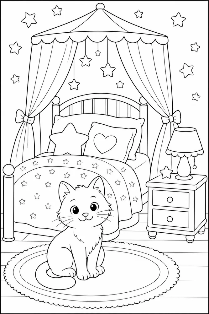 Cat under a simple bed canopy coloring page