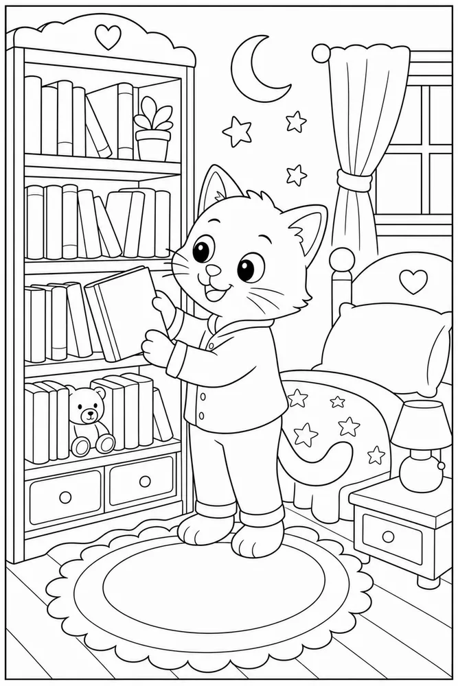 Cat choosing a bedtime book from a bookshelf coloring page