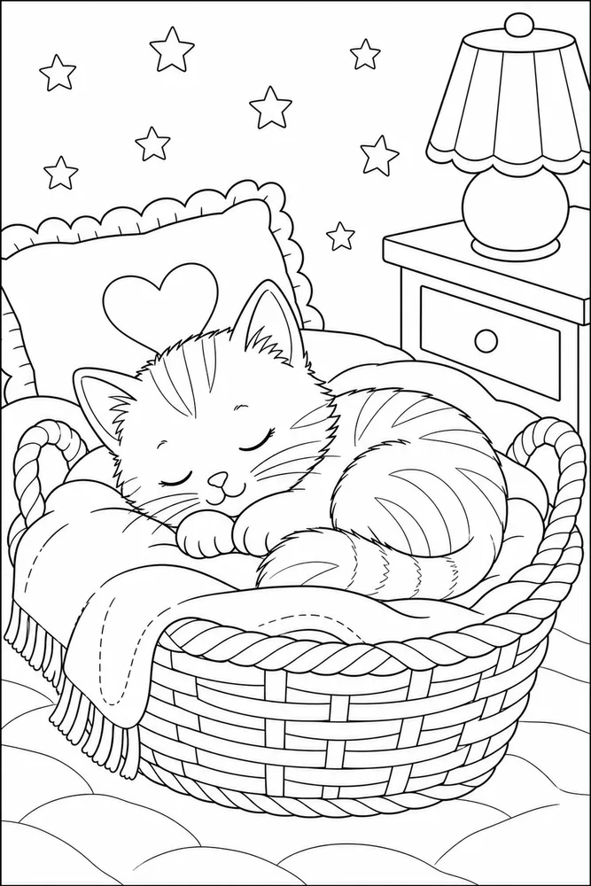 Kitten curled in a blanket basket coloring page