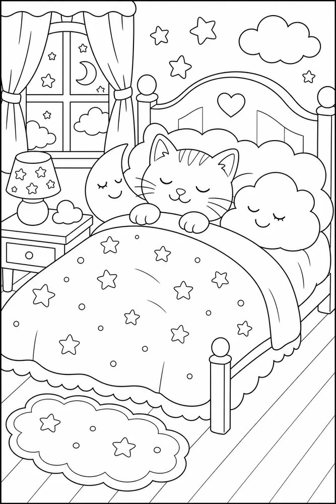 Cat under a blanket with cloud pillows coloring page