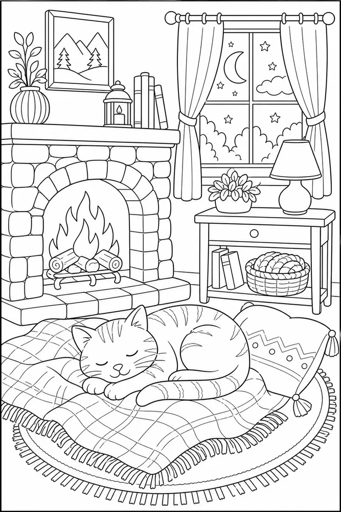 Bedtime cat resting near a cozy fireplace coloring page