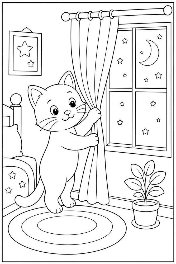 Cat pulling a curtain by a nighttime window coloring page