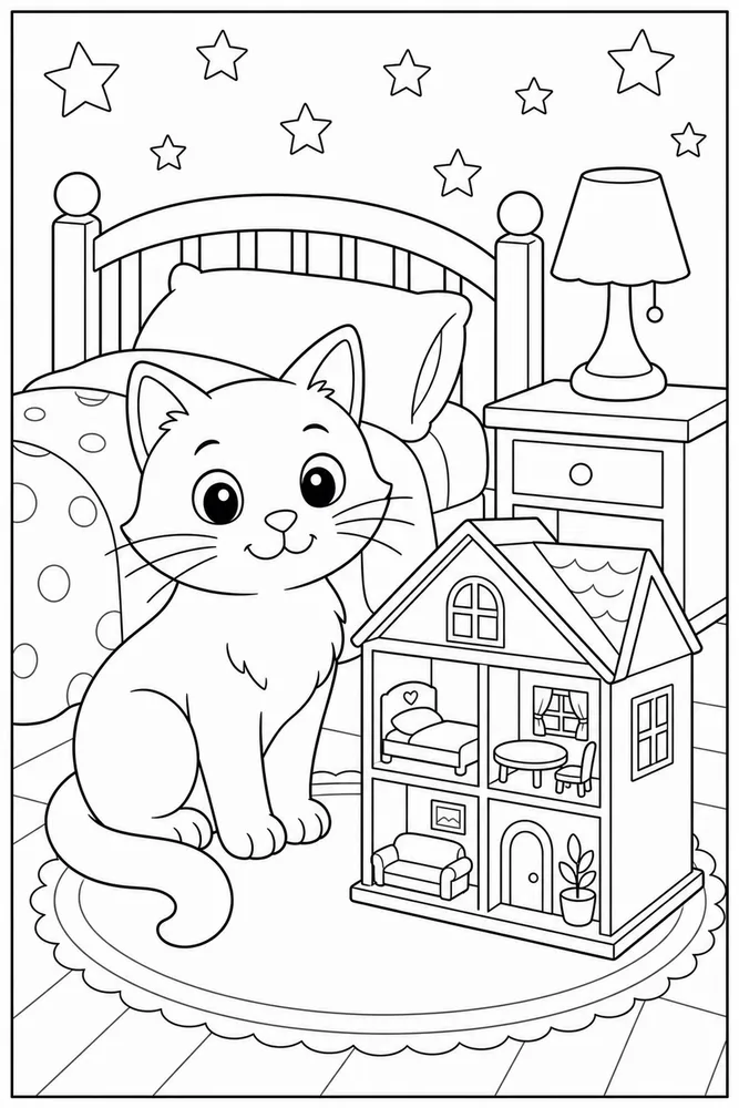 Bedtime cat beside a dollhouse and nightstand coloring page