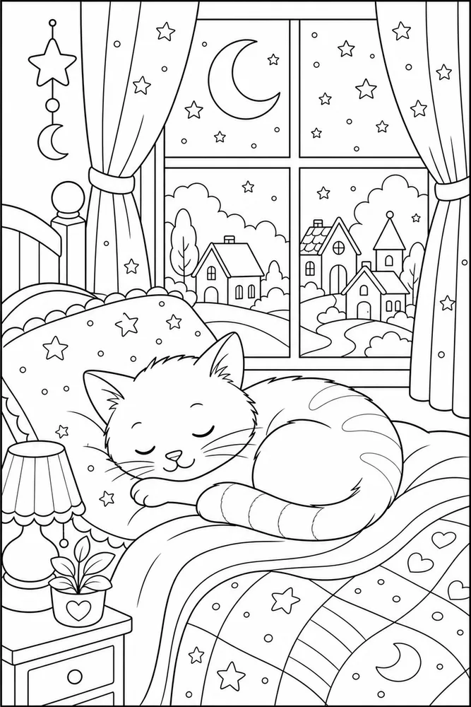 Sleeping cat near a window with dream house shapes coloring page