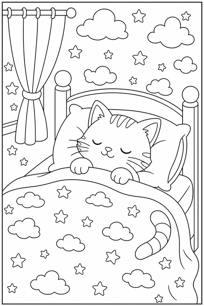 Sleeping cat with cloud and star shapes coloring page