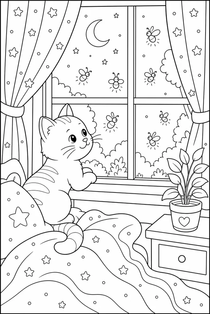 Cat watching fireflies from a bedroom window coloring page