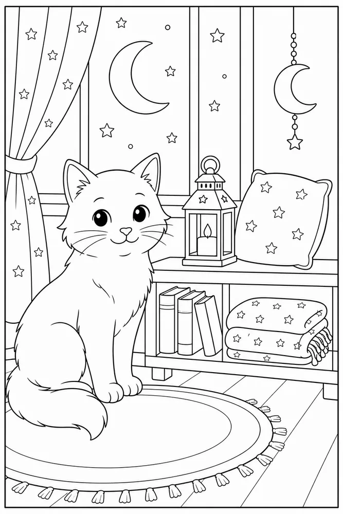 Bedtime cat near a shelf with a small lantern coloring page