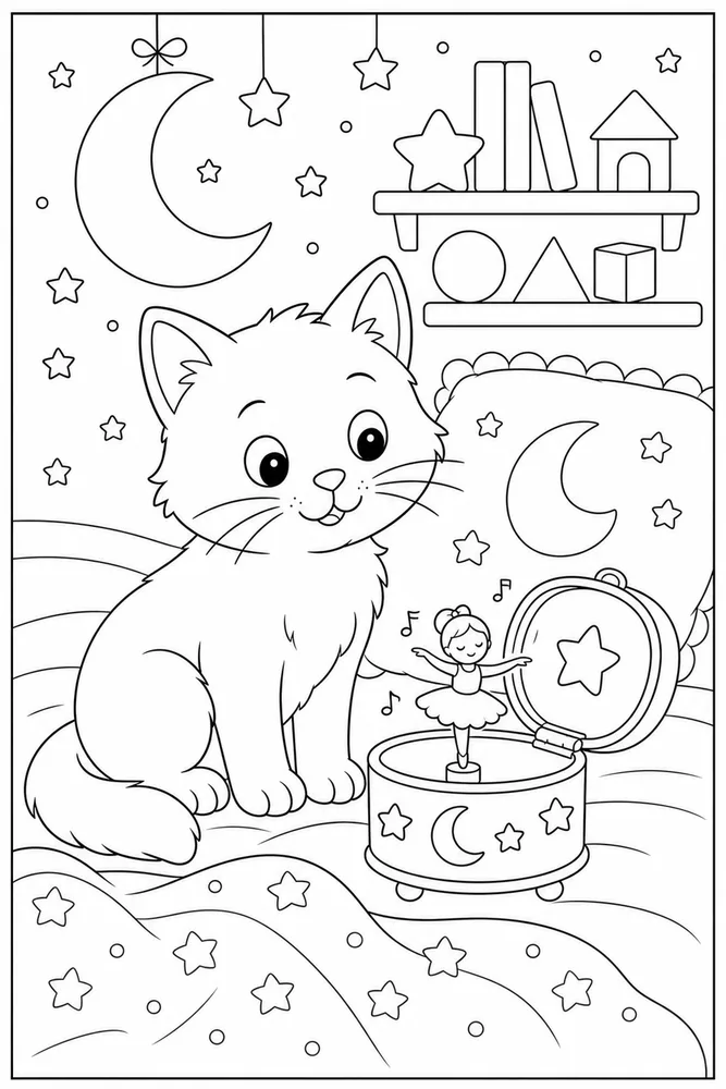 Bedtime cat beside a music box coloring page