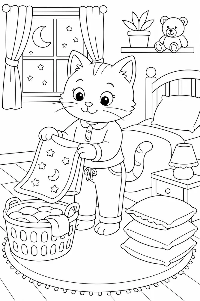Cat folding a bedtime blanket near a laundry basket coloring page