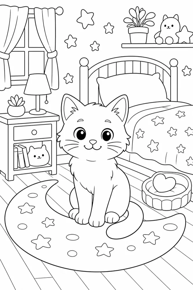 Cat on a moon-shaped bedroom rug coloring page