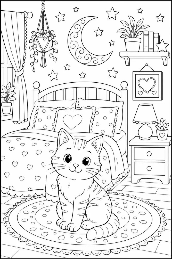 Cat below moon and star wall art coloring page
