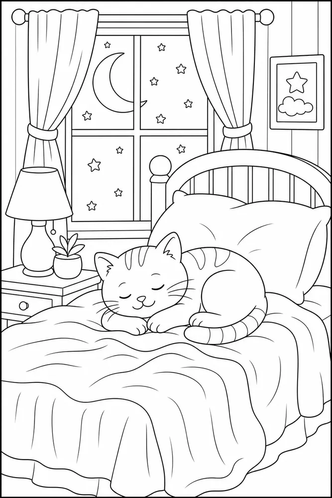 Sleepy cat by a moonlit bedroom window coloring page
