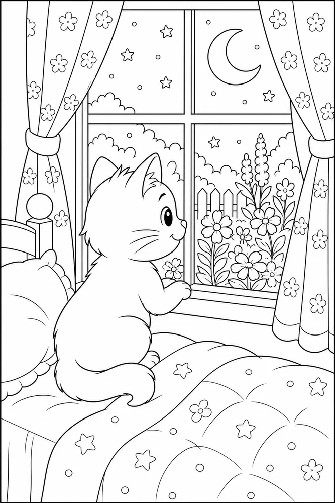 Cat looking at a quiet night garden from bed coloring page