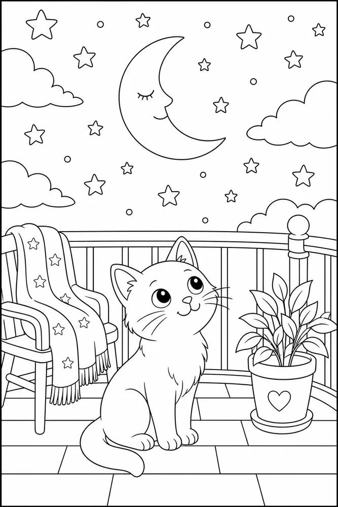 Cat looking at night sky from a safe balcony coloring page