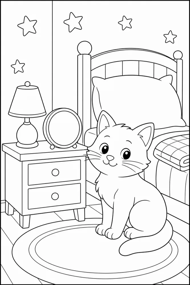 Bedtime cat beside a nightstand and blank clock coloring page