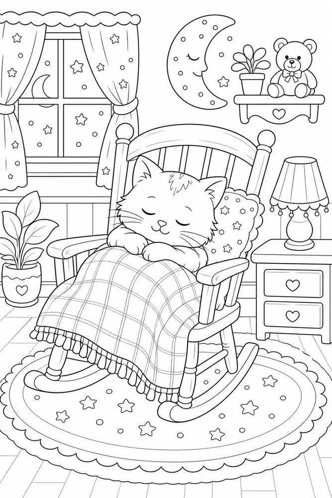 Cat resting on a rocking chair with a blanket coloring page