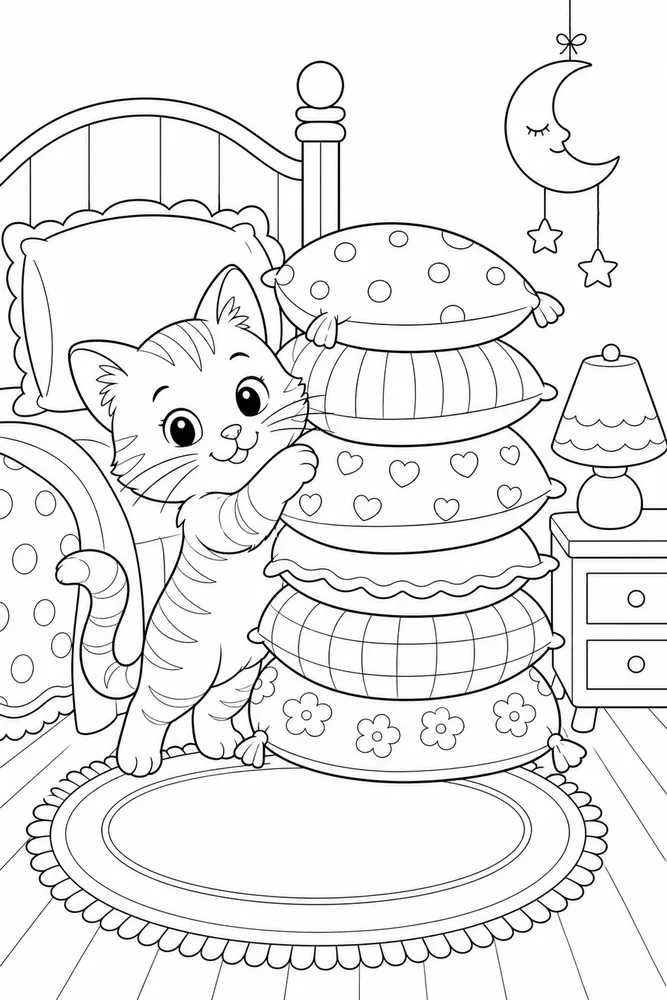 Bedtime cat leaning against a stack of pillows coloring page