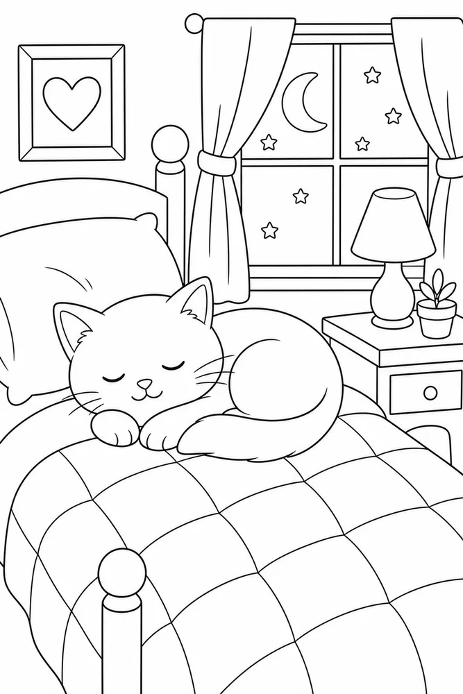 Sleepy cat on a bed with a simple quilt coloring page