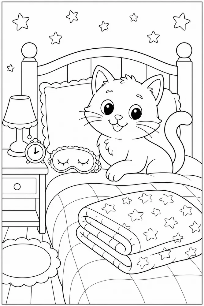 Bedtime cat beside a sleep mask and pillow coloring page