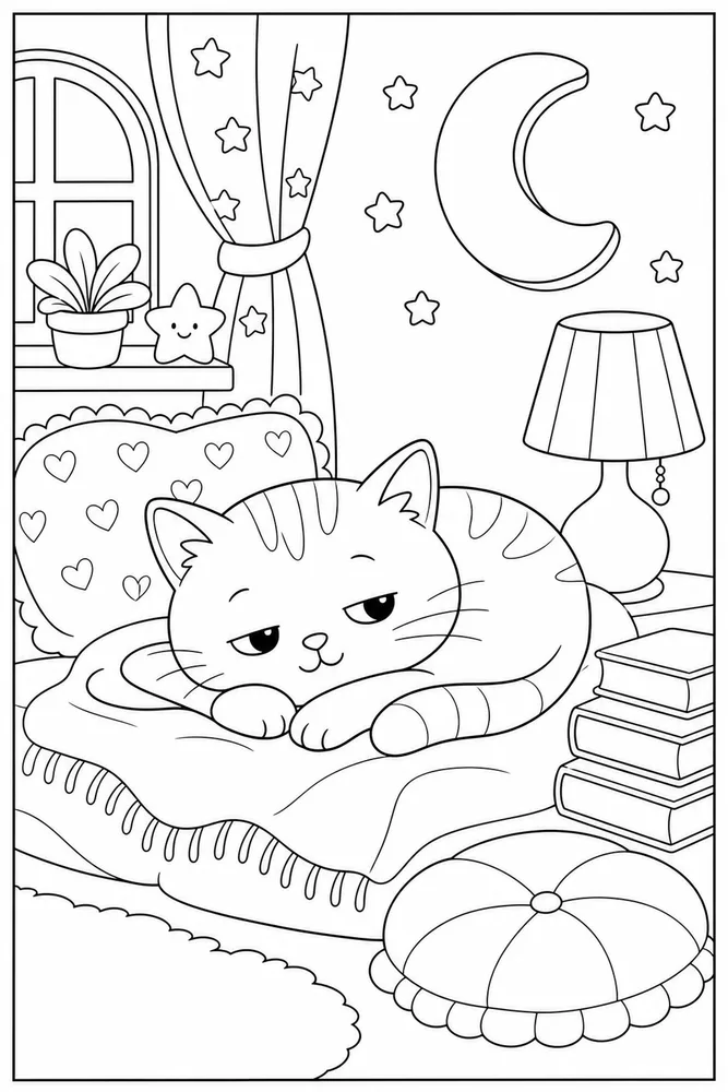 Sleepy cat in a bedtime reading nook coloring page