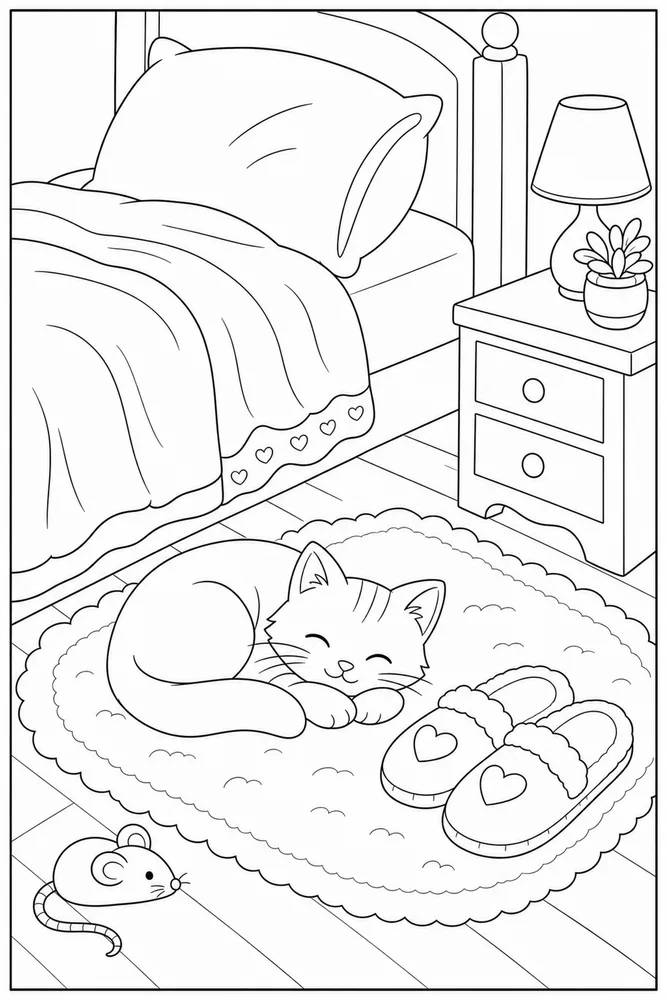 Small cat beside slippers and a bedside mat coloring page