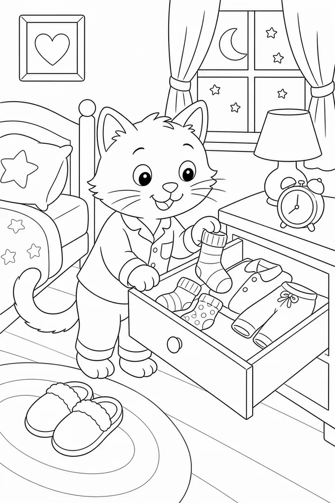 Cat beside an open drawer with bedtime socks coloring page