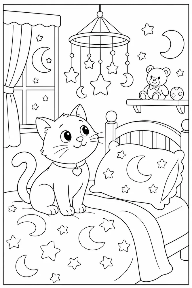 Cat watching a star mobile above a bed coloring page