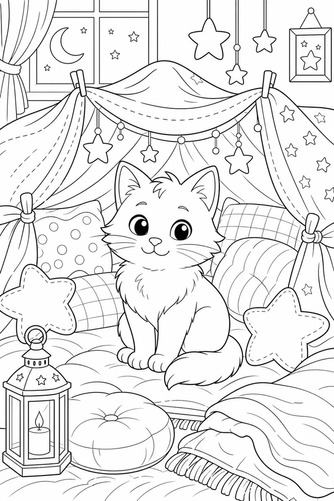 Cat inside a star pillow fort coloring page