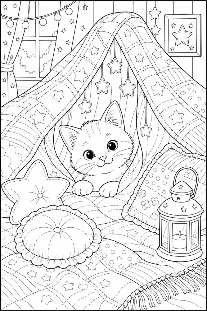 Cat peeking from a starry quilt fort coloring page