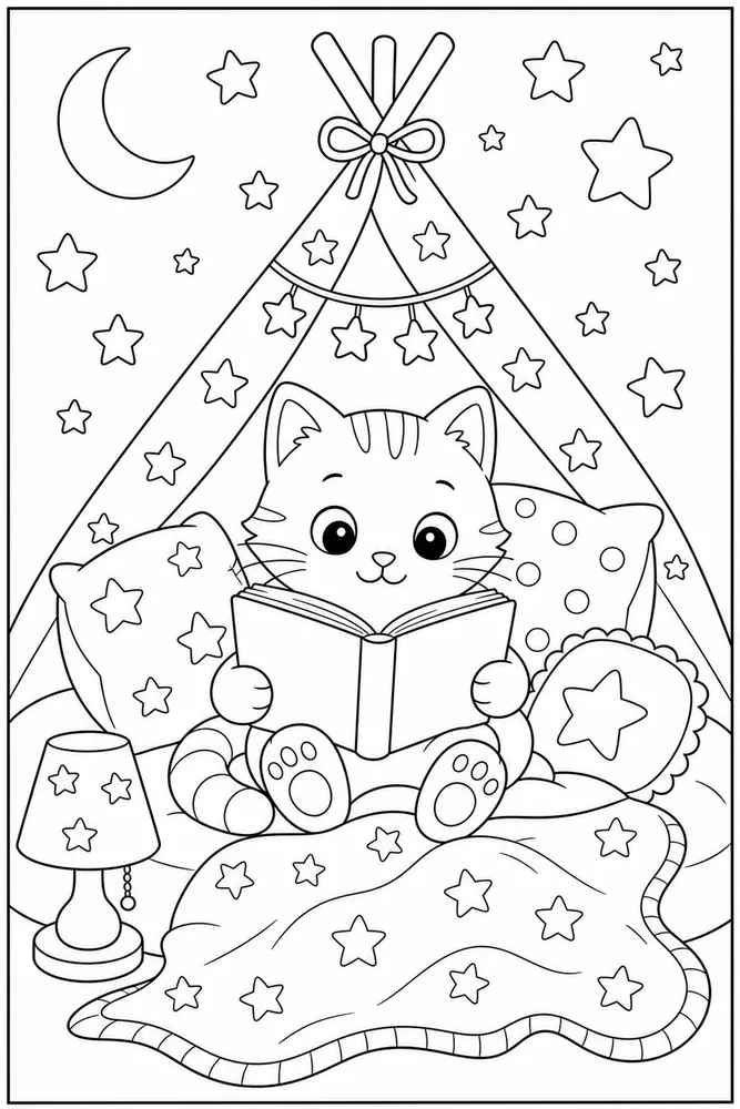 Cat reading in a bedtime story tent coloring page