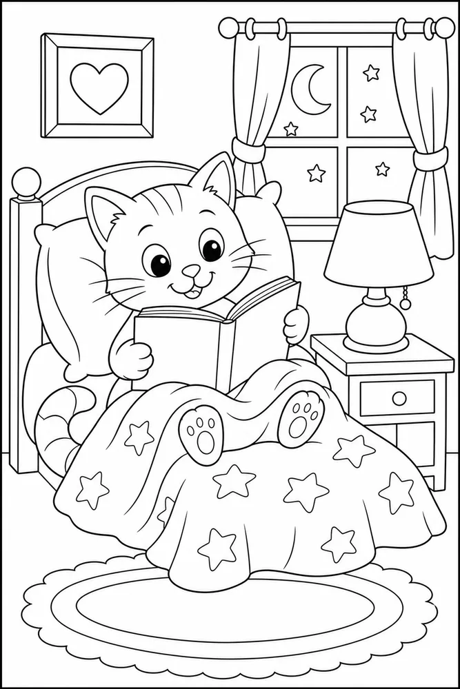 Bedtime Cat Coloring Pages preview: Bedtime cat reading beside a lamp coloring page