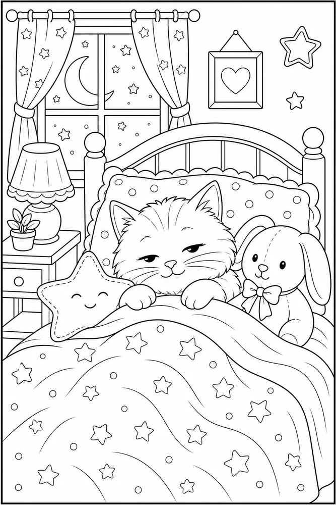 Cat tucked in bed beside a stuffed bunny coloring page