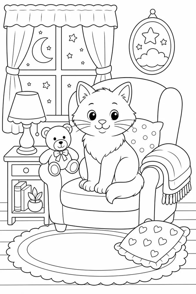 Bedtime cat in a chair beside a teddy bear coloring page