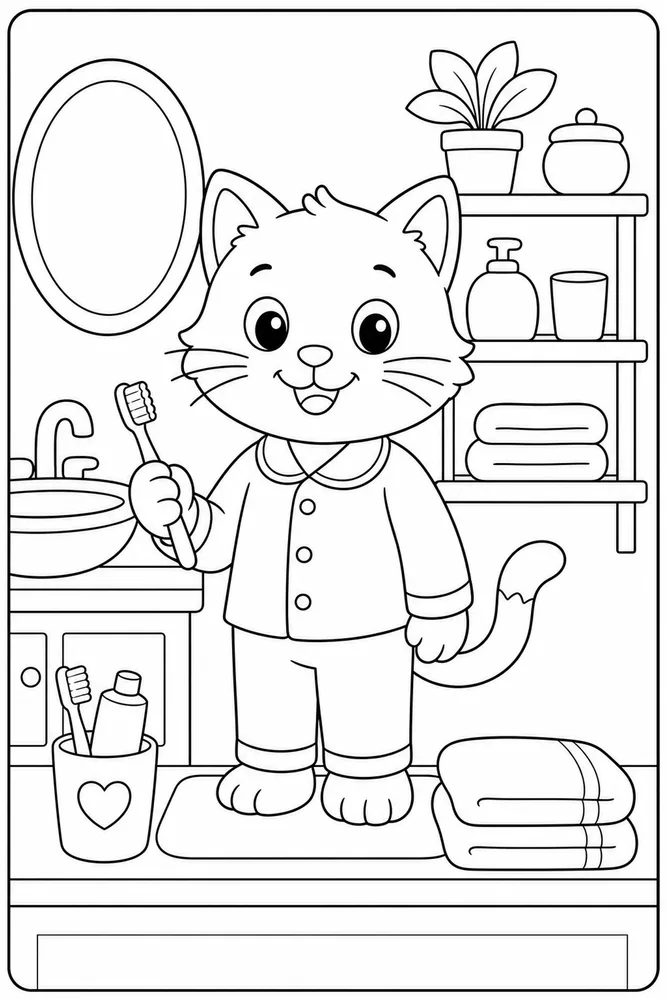 Cat beside a toothbrush cup before bed coloring page